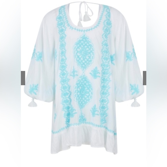 NWT Pranella Embroidered Rex Blouse Kaftan Cover Up White Aqua Medium Large - Picture 1 of 9